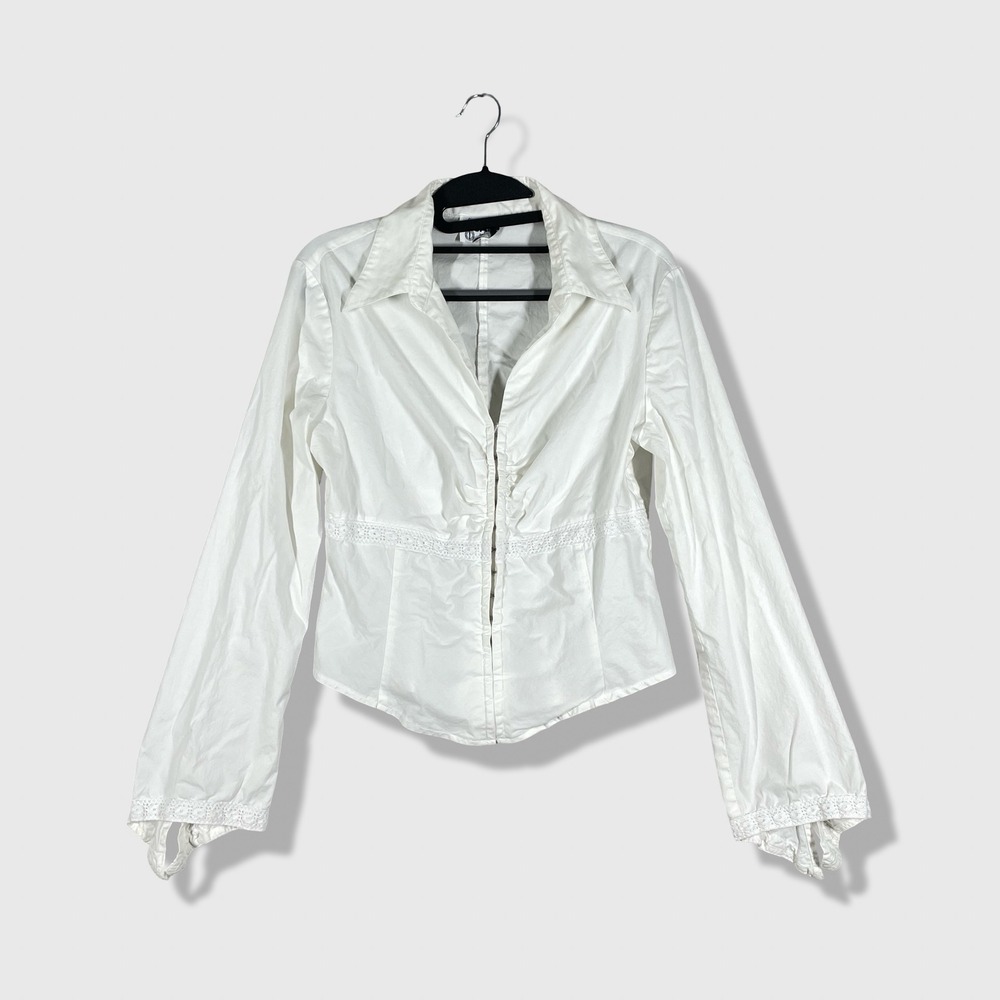 Banjo Button Up Top Womens Small White Cottagecore Y2K Bell Sleeve Blouse‎